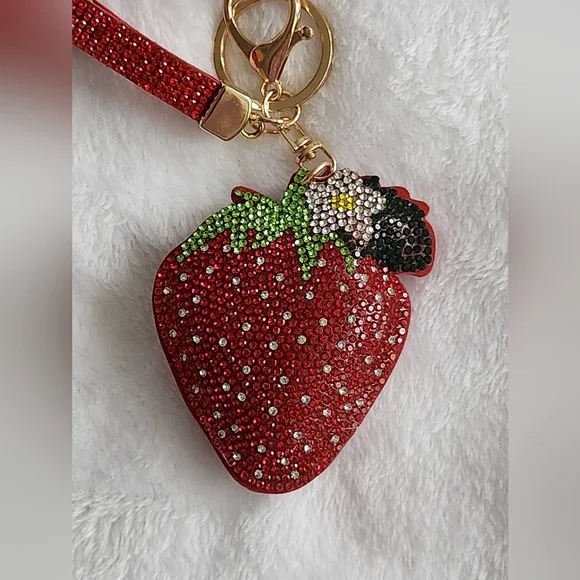 Red Strawberry Rhinestone Keychain Sparkling Bag Charm - Picture 2 of 5